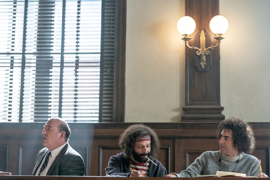 John Carroll Lynch, left, in &quot;The Trial of the Chicago 7&quot; with Jeremy Strong and Sacha Baron Cohen.