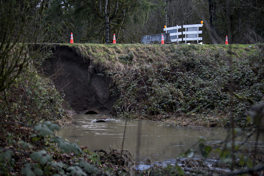 Stormy winter weather caused a small landslide Wednesday about a half-mile southeast of Daybreak Bridge in the 24700 block of Northeast 92nd Avenue in Battle Ground. Clark County Public Works crews planned to close Northeast Manley Road near where it becomes 92nd Avenue.