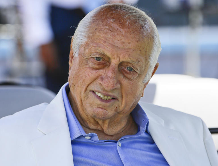 Tommy Lasorda, pictured here in 2018, the fiery Hall of Fame manager who guided the Los Angeles Dodgers to two World Series titles and later became an ambassador for the sport he loved during his 71 years with the franchise, has died. He was 93. The Dodgers said Friday, Jan. 8, 2021, that he had a heart attack at his home in Fullerton, Calif.