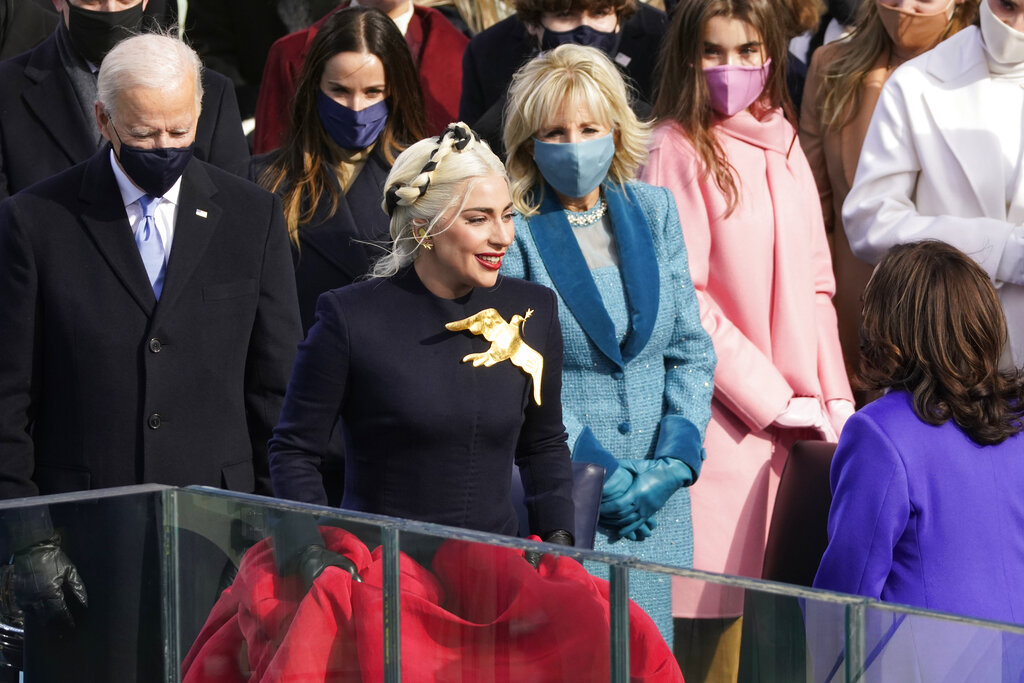 Lady Gaga arrives to sing the National Anthem during the 59th Presidential Inauguration at the U.S. Capitol in Washington, Wednesday, Jan. 20, 2021.