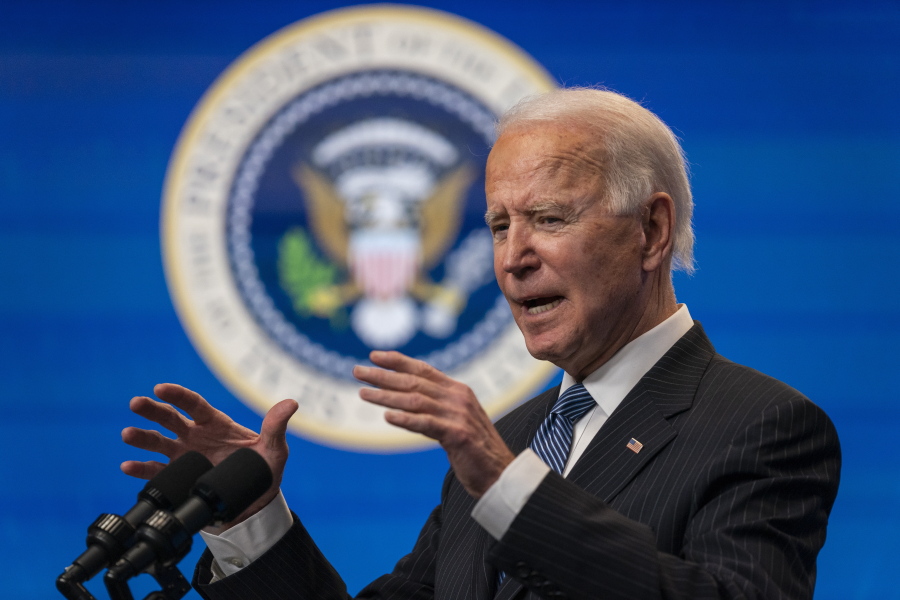 President Joe Biden speaks during an event on American manufacturing, in the South Court Auditorium on the White House complex, Monday, Jan. 25, 2021, in Washington.