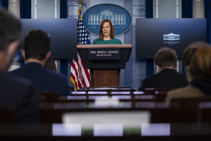 White House press secretary Jen Psaki speaks during a press briefing at the White House, Monday, Jan. 25, 2021, in Washington.