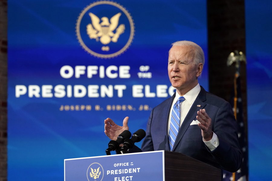 President-elect Joe Biden speaks about the COVID-19 pandemic during an event at The Queen theater, Thursday, Jan. 14, 2021, in Wilmington, Del.