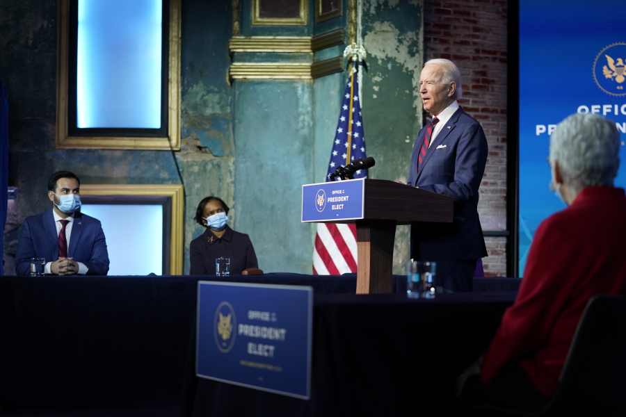 FILE - In this Dec. 20, 2020, file photo President-elect Joe Biden announces his climate and energy team nominees and appointees at The Queen Theater in Wilmington Del.
