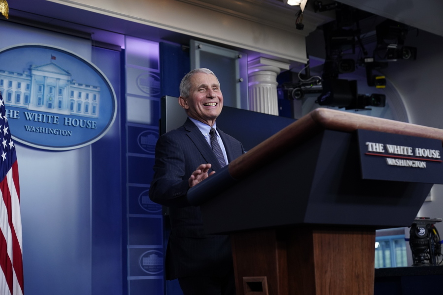 Dr. Anthony Fauci, director of the National Institute of Allergy and Infectious Diseases, laughs while speaking in the James Brady Press Briefing Room at the White House, Thursday, Jan. 21, 2021, in Washington.
