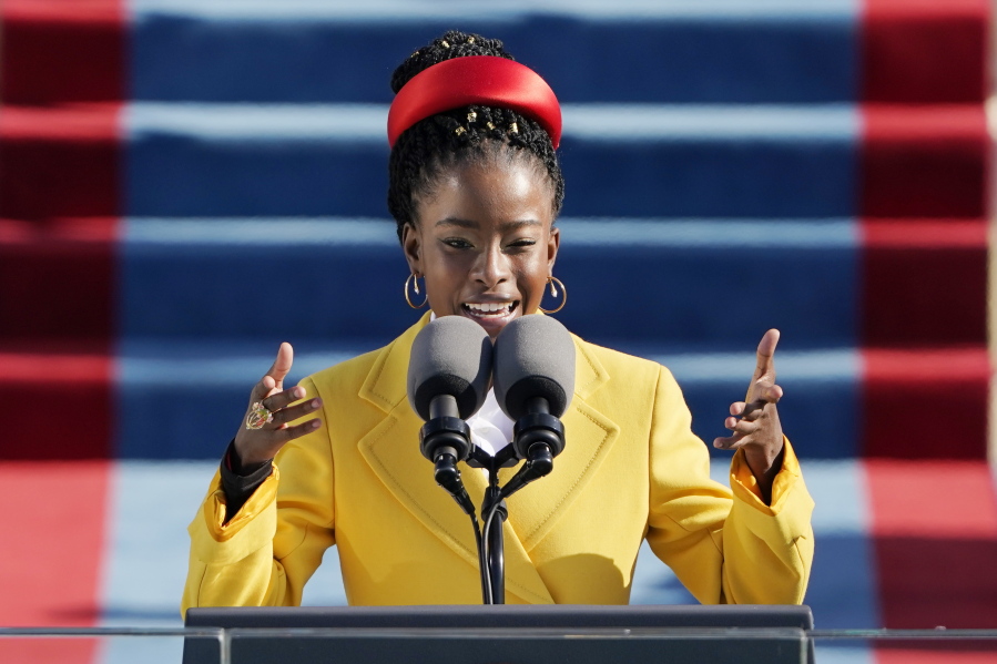 Poet Amanda Gorman reads a poem Wednesday during the 59th Presidential Inauguration at the U.S. Capitol in Washington.