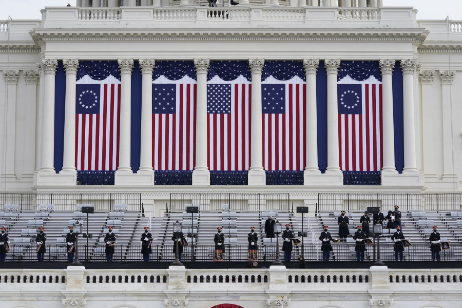 Preparations are made prior to a dress rehearsal for the 59th inaugural ceremony for President-elect Joe Biden and Vice President-elect Kamala Harris on Monday, January 18, 2021 at the U.S. Capitol in Washington.