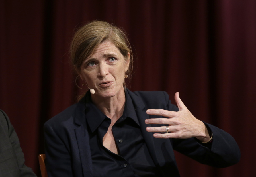 FILE - In this Oct. 16, 2017 file photo, Harvard professor Samantha Power, former U.S. Ambassador to the United Nations, addresses an audience at a forum on the campus of Harvard University, in Cambridge, Mass. President-elect Joe Biden has selected Samantha Power, the U.S. ambassador to the United Nations under President Barack Obama, to run the U.S. Agency for International Development.