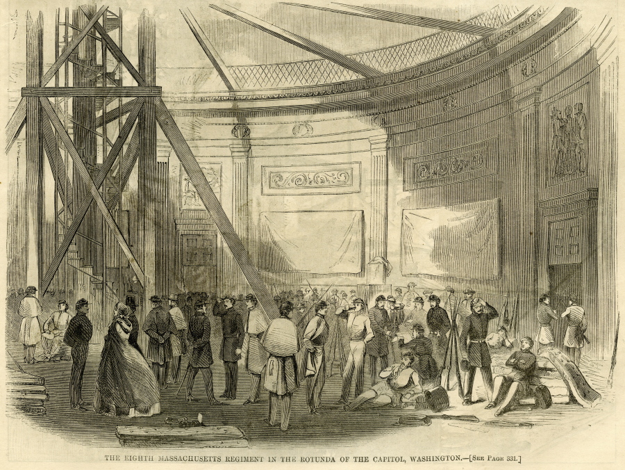 This illustration in the May 25, 1861 issue of Harper&#039;s Weekly depicts the Eighth Massachusetts Regiment with some civilians, and mattresses on the floor in the rotunda of the Capitol in Washington. To most Americans, the sight of armed National Guard troops sleeping in the Capitol Rotunda this past week was shocking and disturbing. But it also was an echo of the far-distant past -- the Capitol was used as a bivouac for troops during the Civil War.