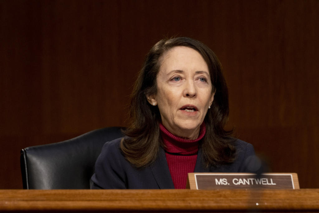 Sen. Maria Cantwell, D-Wash., speaks during a Senate Finance Committee hearing to examine the expected nomination of Janet Yellen to be Secretary of the Treasury on Capitol Hill in Washington, Tuesday, Jan. 19, 2021.