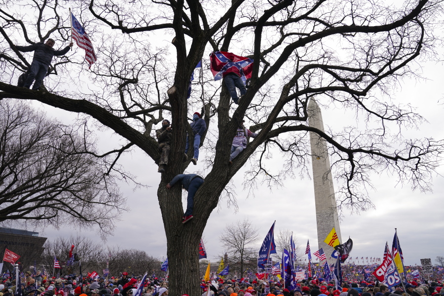 FILE - In this Wednesday, Jan. 6, 2021, file photo, supporters of President Donald Trump participate in a rally in Washington. Both within and outside the walls of the Capitol, banners and symbols of white supremacy and anti-government extremism were displayed as an insurrectionist mob swarmed the U.S. Capitol.