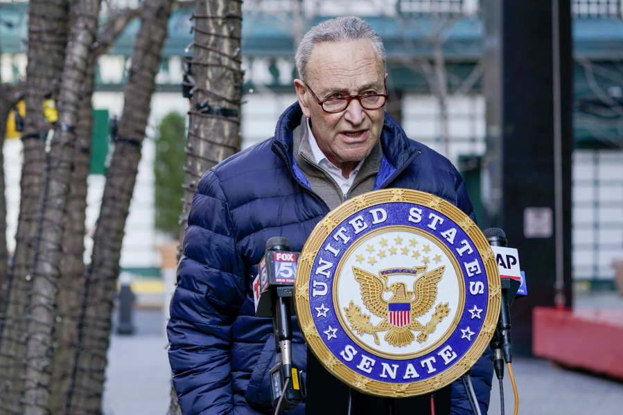 In this Jan. 12, 2021, photo, Senate Minority Leader Chuck Schumer, D-N.Y., speaks to reporters during a news conference in New York.