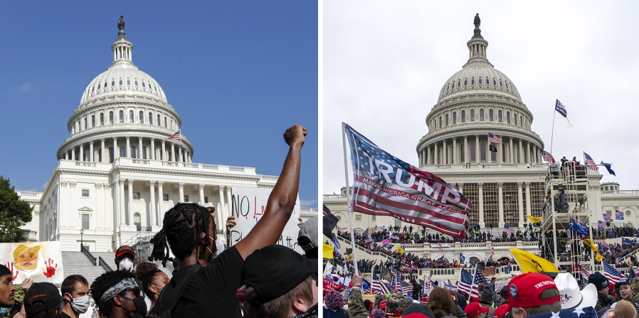 In this combination of photos, demonstrators, left, protest June 4, 2020, in front of the U.S. Capitol in Washington, over the death of George Floyd and on Jan. 6, 2021, supporters of President Donald Trump rally at same location.