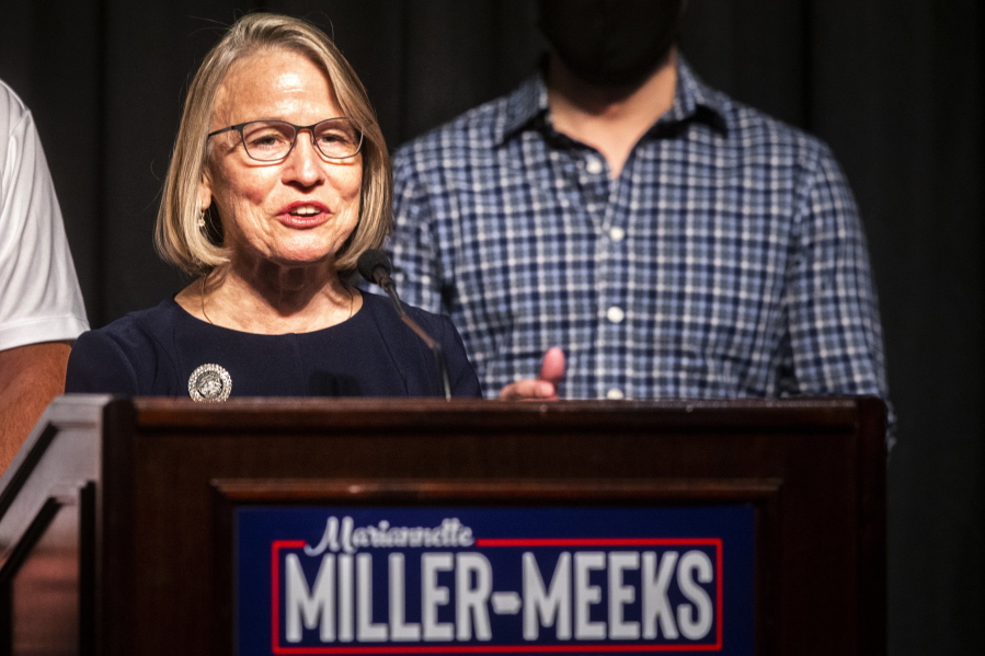 Republican state Sen. Mariannette Miller-Meeks speaks to reporters during an election night watch party, early Wednesday, Nov. 4, 2020, in Riverside, Iowa. Miller-Meeks is running for the seat in the state&#039;s 2nd Congressional District.