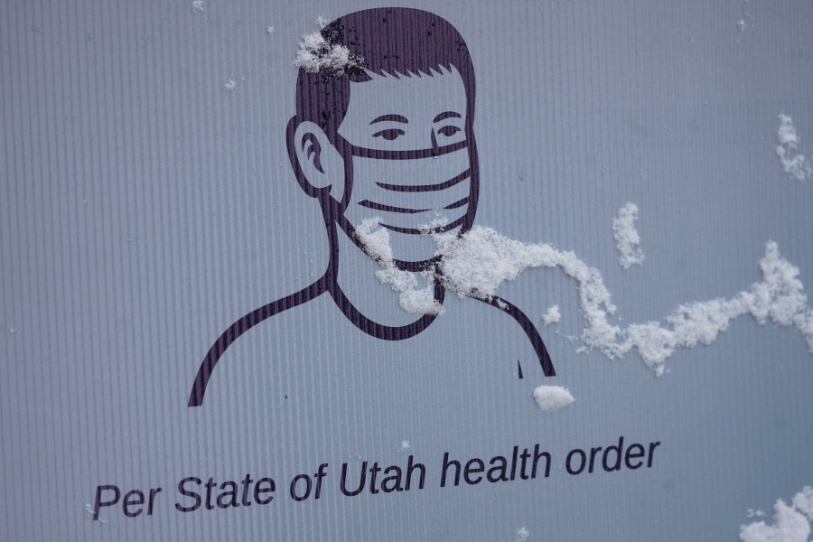 A sign promoting wearing face masks is shown on Main Street in Park City, Utah.
