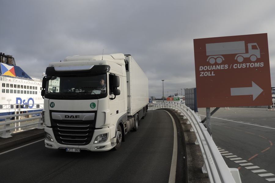 A lorry arrives to board the first ferry heading to Britain after Brexit, Friday Jan.1, 2021 in Calais, northern France. Britain left the European bloc&#039;s vast single market for people, goods and services at 11 p.m. London time, midnight in Brussels, completing the biggest single economic change the country has experienced since World War II.