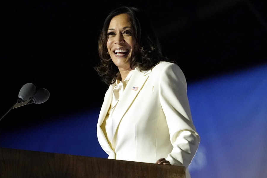 FIL - In this Nov. 7, 2020, file photo Vice President-elect Kamala Harris speaks in Wilmington, Del. Harris will make history Wednesday, Jan. 20, 2021, when she becomes the nation&#039;s first Black, South Asian and female vice president.