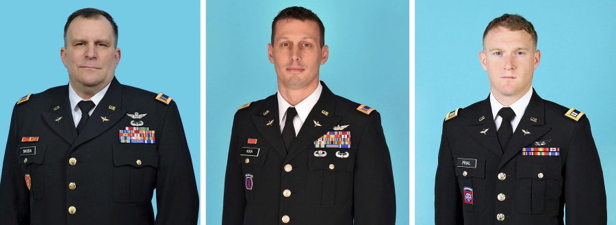 The photos in this combo, released by the New York State Division of Military and Naval Affairs, show the three National Guard members killed when a helicopter crashed in Mendon, NY, Wednesday, Jan. 20, 2021. They are, from left: Chief Warrant Officer 5 Steven Skoda, age 54, from Rochester, NY; Chief Warrant Officer 4 Christian Koch, age 39, from Honeoye Falls, NY; and Chief Warrant Officer Two Daniel Prial, age 30, from Rochester, NY.