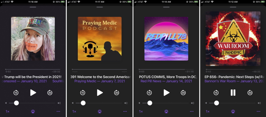 This combination of photos shows various podcasts, Friday, Jan. 15, 2021. Major social platforms have been cracking down on the spread of misinformation and conspiracy theories in the wake of the Jan. 6 riot at the Capitol. But Apple and Google, among others, have left open a major loophole: Podcasts.