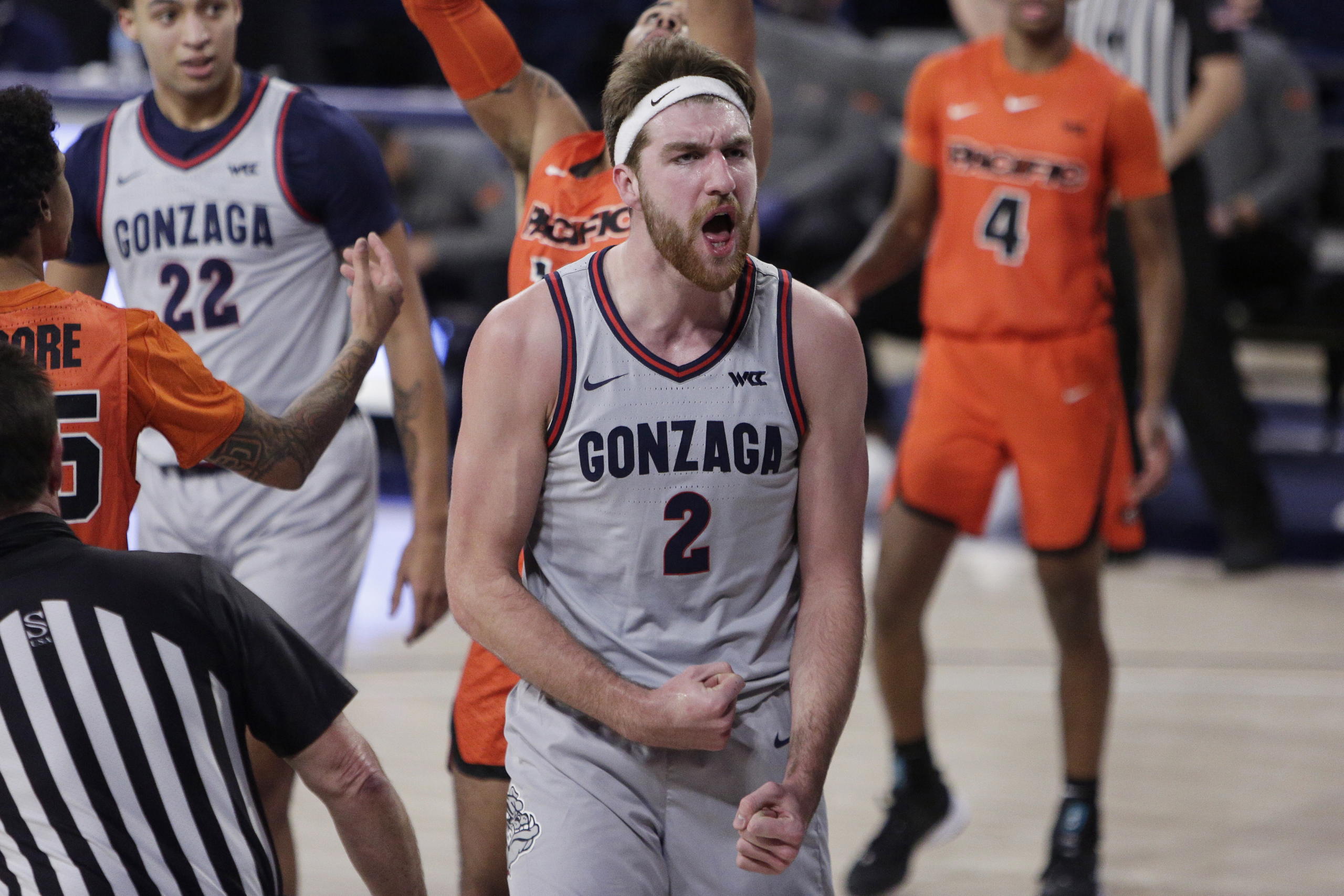 Gonzaga forward Drew Timme celebrates after scoring a basket during the first half of the team's NCAA college basketball game against Pacific in Spokane, Wash., Saturday, Jan. 23, 2021.