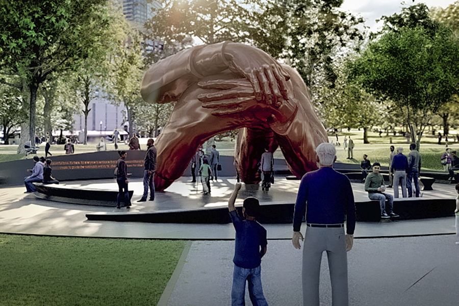 This artist&#039;s rendering provided by MASS Design Group illustrates a proposed monument entitled &quot;The Embrace,&quot; consisting of four 22-foot-high intertwined bronze arms. As cities and states continue to grapple with the legacy of controversial monuments, Boston is moving forward with a major effort commemorating Martin Luther King Jr. and Coretta Scott King. Organizers are building what they say will be the country&#039;s largest memorial dedicated to racial equity at the site of a 1965 civil rights rally that MLK led on the city&#039;s historic Boston Common.
