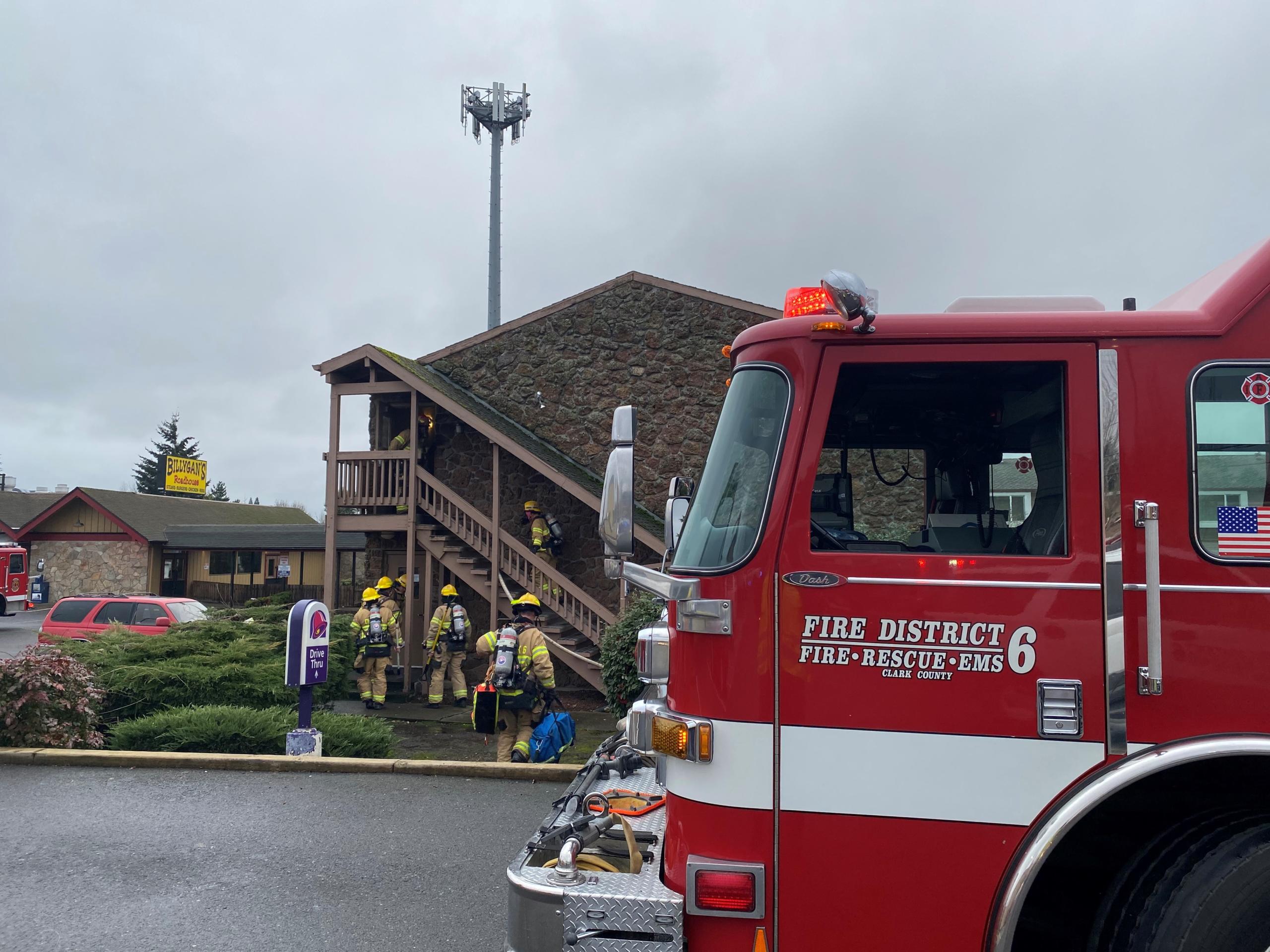 Firefighters quickly extinguished a blaze Monday morning in Salmon Creek. Clark County Fire District 6 crews were initially dispatched for a medical call at 10:47 a.m. to Red Lion & Suites Vancouver, 13206 N.E. Highway 99. They found a working fire on the second story of the motel.