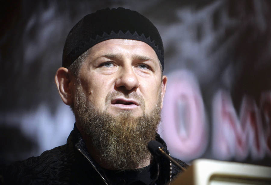 FILE - In this Friday, May 10, 2019 file photo, Chechnya&#039;s regional leader Ramzan Kadyrov speaks during a meeting in Grozny, Russia. Kadyrov said Wednesday, Jan. 20, 2021 that his forces have killed six suspected militants, including a warlord accused of organizing a 2011 suicide attack at a Moscow airport. He claimed that the raid marked the elimination of the last group of militants that remained in the region.