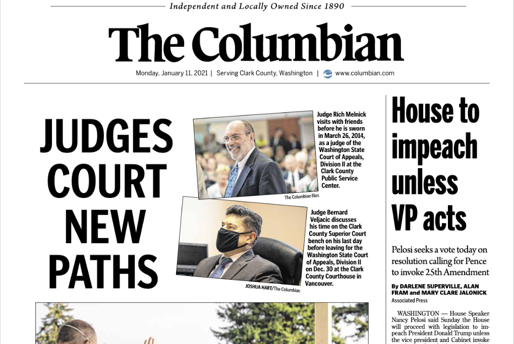The front page of The Columbian's Monday e-edition.