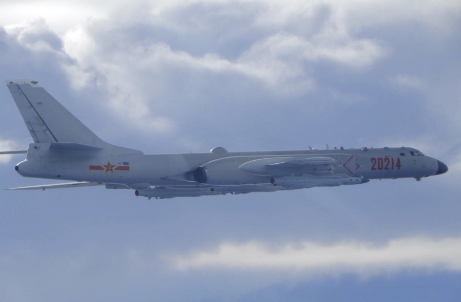 In this photo released by the Taiwan Ministry of National Defense, a Chinese People&#039;s Liberation Army H-6 bomber is seen flying near the Taiwan air defense identification zone, ADIZ, near Taiwan on Friday, Sept. 18, 2020. The second high-level U.S. envoy to visit Taiwan in two months began a day of closed-door meetings Friday as China conducted military drills near the Taiwan Strait after threatening retaliation.