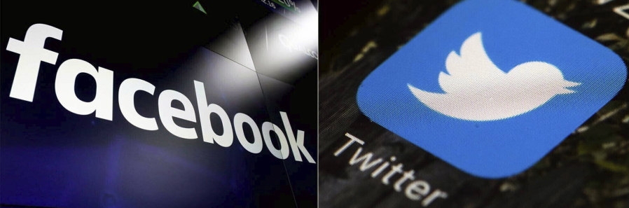 FILE - This combination of photos shows logos for social media platforms Facebook and Twitter. Shares of social media and other tech companies slid Monday, Jan. 11, 2021 amid fallout the siege on the U.S. Capitol by supporters of President Donald Trump&#039;s supporters.