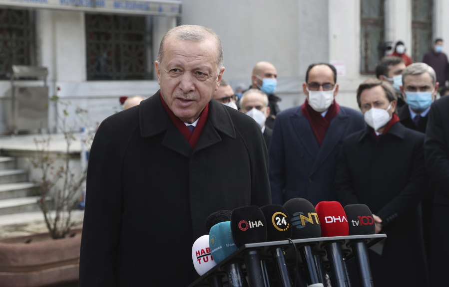 Turkey&#039;s President Recep Tayyip Erdogan speaks to the media after Friday prayers, in Istanbul, Friday, Jan. 15, 2021. Turkey&#039;s president has criticized the United States for kicking his country out of the F-35 fighter jet program after Ankara purchased a Russian missile defense system. Speaking after Friday prayers in Istanbul, Turkish President Recep Tayyip Erdogan said Turkey paid &quot;very serious money&quot; for the F-35 stealth jets and that America had committed &quot;a very serious mistake&quot; with its NATO ally.
