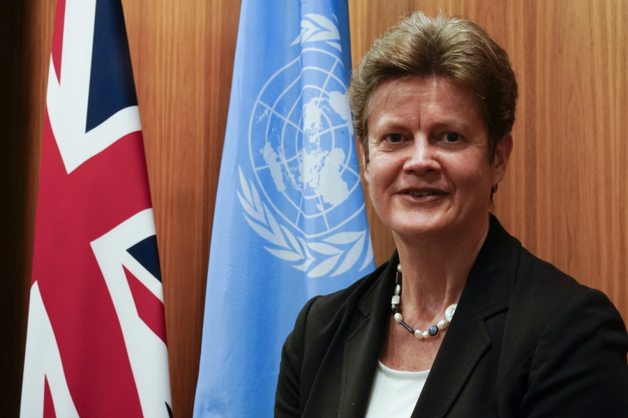 British Ambassador to the United Nations Barbara Woodward poses for a photo, Tuesday, Jan. 5, 2021, in New York.