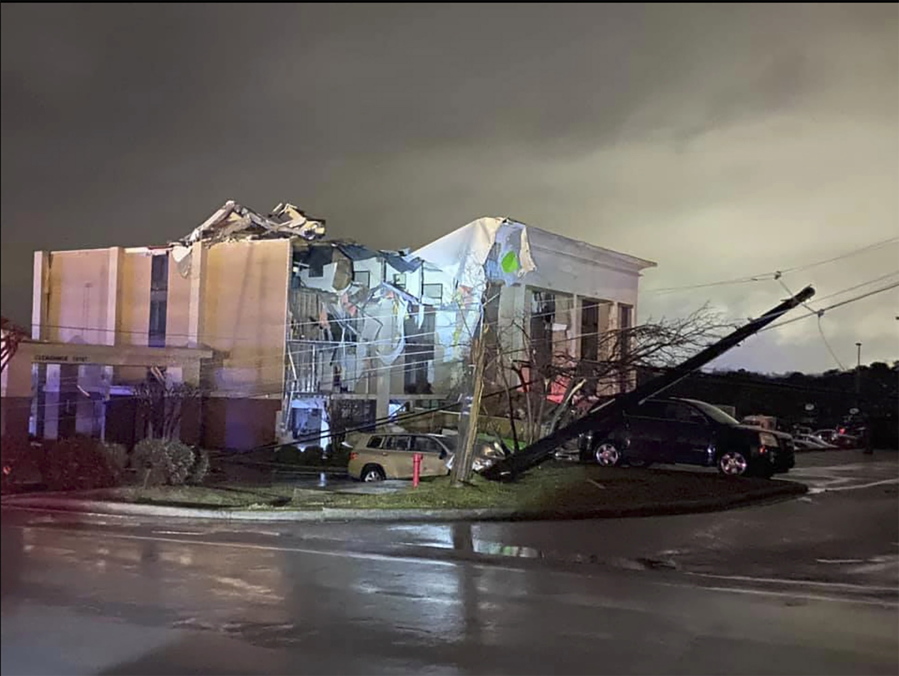 A Hampton Inn hotel is severely damaged after a tornado tore through Fultondale, Ala., on Monday, Jan. 25, 2021.