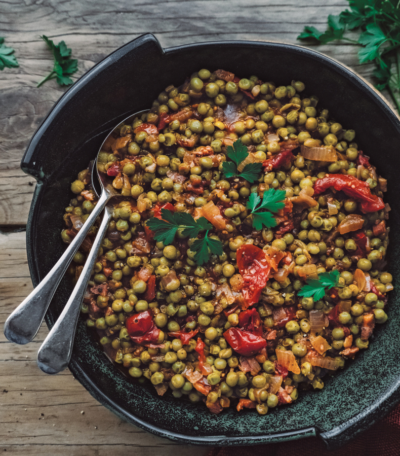 Piselli (braised peas in tomato) from &quot;Frugal Mediterranean Cooking&quot; by Melanie Lionello.