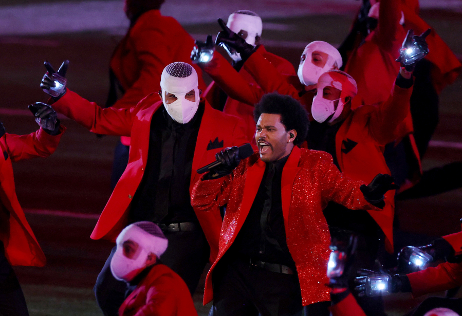 The Weeknd performs during the Pepsi Super Bowl LV Halftime Show at Raymond James Stadium on Sunday, February 7, 2021 in Tampa, Florida. (Kevin C.