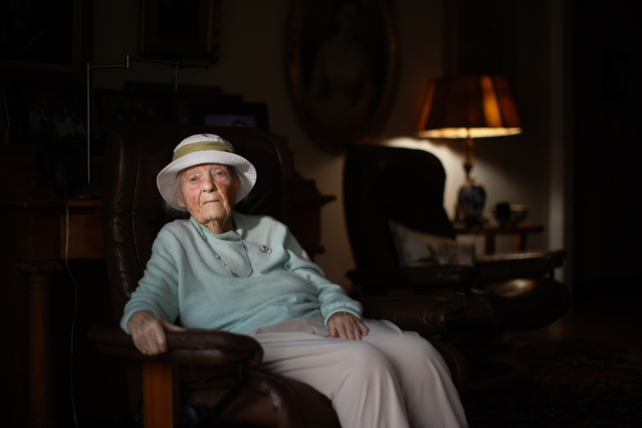 Ursula Haeussler, 105, lived through the Spanish flu pandemic, poses Jan. 27 in Fremont, Calif. She was four years old when the Spanish flu hit and remembers several family members who died.