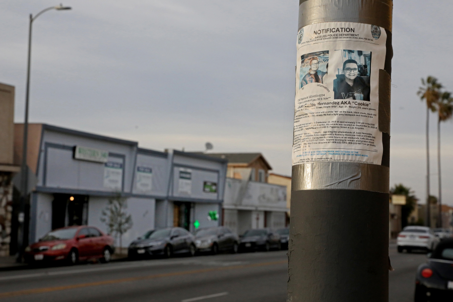 A Los Angeles Police Department missing person notification for Juan Carlos Hernandez hangs across the street from where he worked at VIP Collective marijuana dispensary along the 8100 block of Western Ave. Yajaira Hernandez&#039;s 21-year-old son, Juan Carlos Hernandez, went to work one afternoon in September 2020 and never came home, on Wednesday, Feb. 3, 2021 in Los Angeles, CA. She looked for her son for nearly two months, until the police told her they&#039;d found his remains in the Mojave desert, 150 miles from where he was last seen at his job at a marijuana dispensary in South Los Angeles.