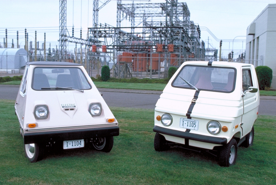 The Bonneville Power Administration purchased two electric vehicles -- a Citicar, left, and an Elcar -- in 1975 to test whether they would be an energy-efficient way to get around the Ross Complex.