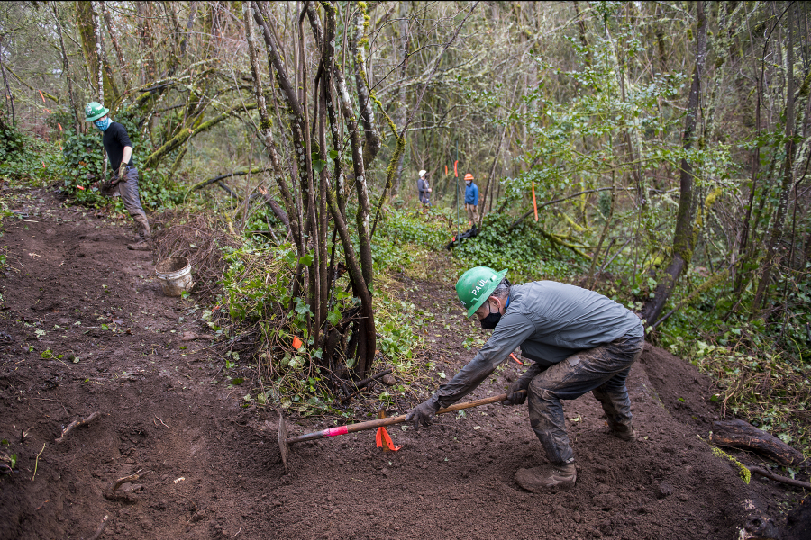 Washington Trails Association volunteers Andrew Leibrand, left, and Paul Pierce help create a new trail to Blandford Canyon on Friday during a Washington Trails Association work party near South Cliff Park. Volunteers continued the work on Saturday and Sunday.