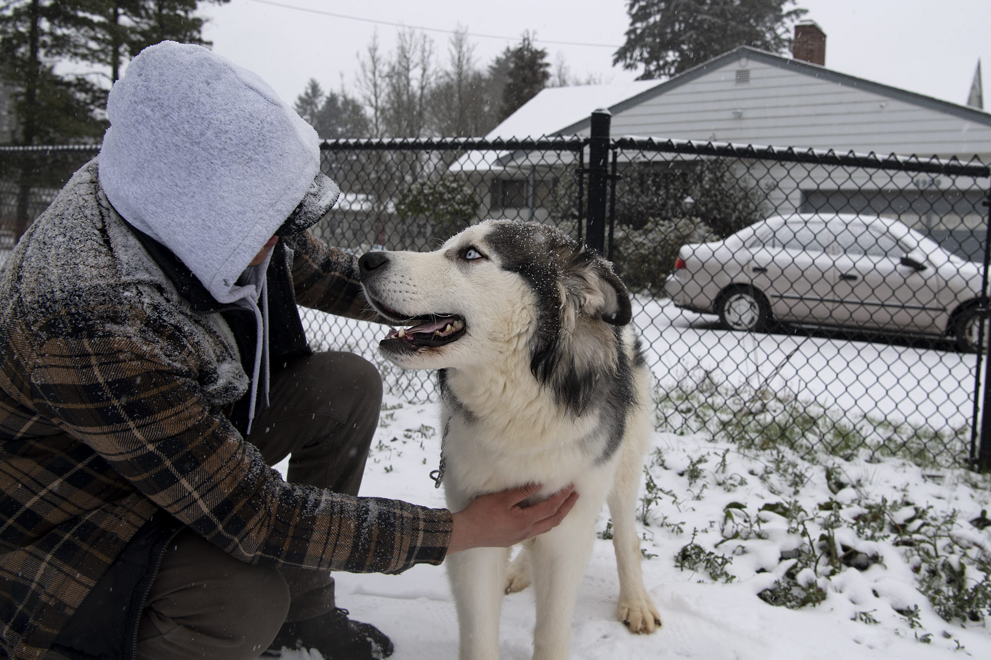 Edgar Lopez pets his dog, Asher, on Friday, February 12, in the Minnehaha neighborhood. Snow continued to accumulate Friday morning as the winter storm persisted.