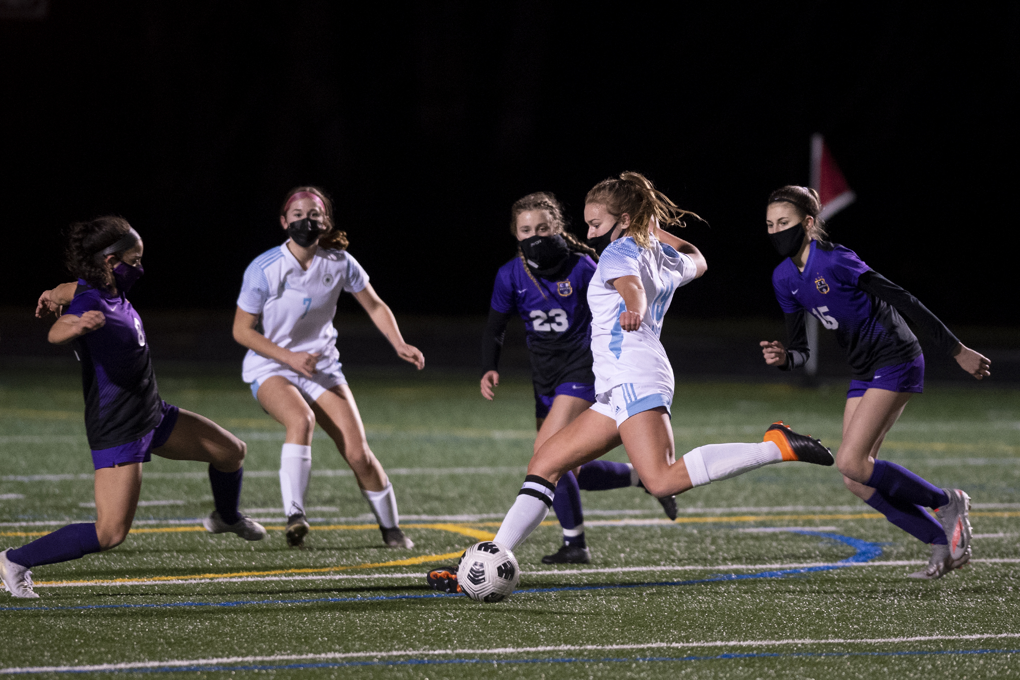 Hockinson’s Payton Lawson fires a shot on Saturday, February 27, 2021, at Columbia River High School. The Hawks earned a 1-0 victory over Columbia River in a rematch of the 2019 2A State girls soccer championship.