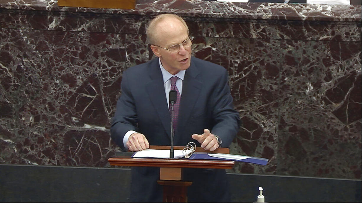 In this image from video, David Schoen, an attorney for former President Donald Trump, speaks during the second impeachment trial of Trump in the Senate at the U.S. Capitol in Washington, Tuesday, Feb. 9, 2021.