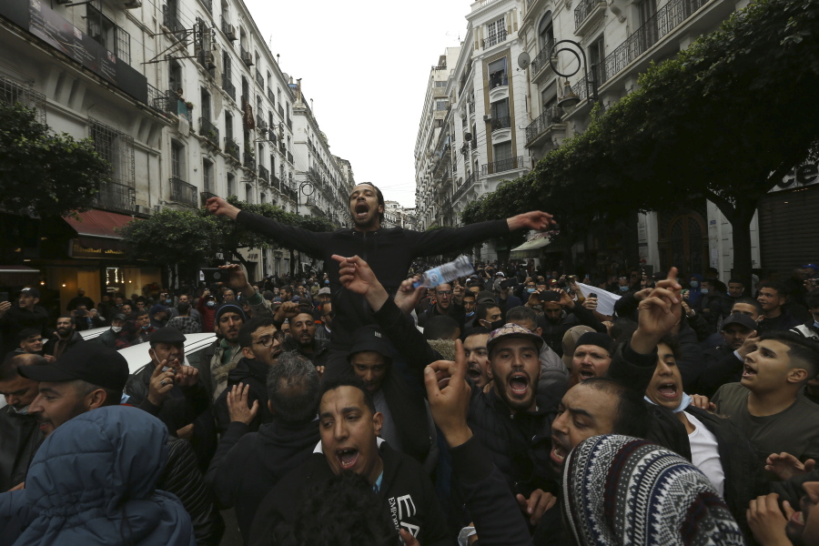 Algerians demonstrate in Algiers to mark the second anniversary of the Hirak movement, Monday Feb. 22, 2021. February 22 marks the second anniversary of Hirak, the popular movement that led to the fall of Algerian President Abdelaziz Bouteflika.