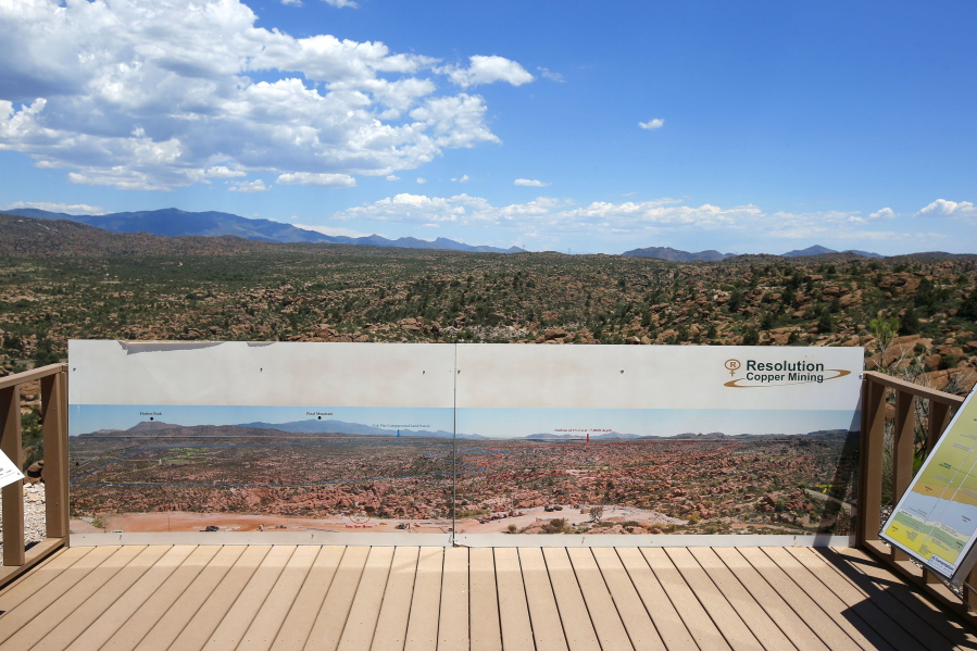 FILE - This June 15, 2015, file photo shows in the distance, part of the Resolution Copper Mining land-swap project in Superior, Ariz.   (AP Photo/Ross D.