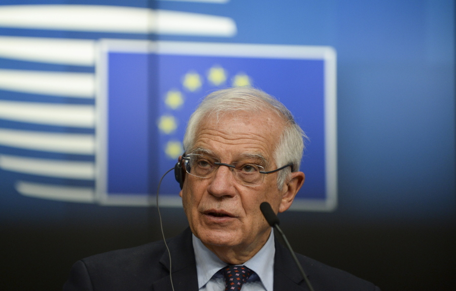 European Union foreign policy chief Josep Borrell speaks during a media conference after a meeting of EU foreign ministers at the European Council building in Brussels, Monday, Feb 22, 2021.