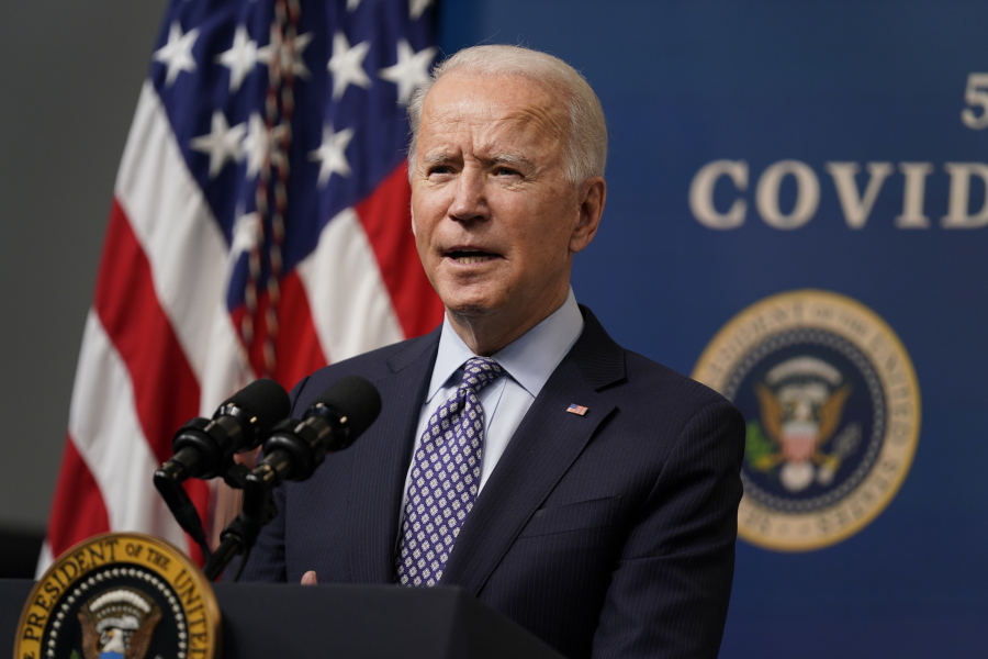 President Joe Biden speaks during an event to commemorate the 50 millionth COVID-19 shot, in the South Court Auditorium on the White House campus, Thursday, Feb. 25, 2021, in Washington.