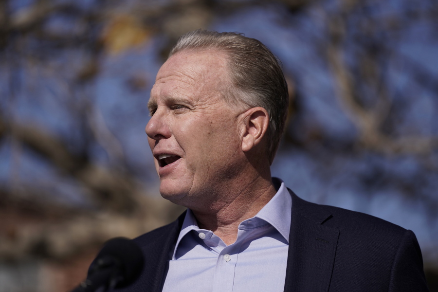 Former San Diego Mayor Kevin Faulconer speaks during a news conference in Tuesday, Feb. 2, 2021, in the San Pedro section of Los Angeles. Faulconer announced Monday he is entering the race for California governor. (AP Photo/Jae C.