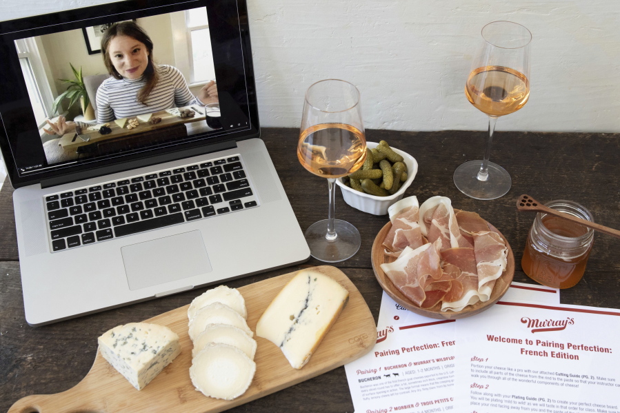 This image released by Murray&#039;s Cheese shows a display of cheeses in front of a laptop showing a virtual class about cheese. In this pandemic climate, there are lots of ways to make this Valentine&#039;s Day feel special without putting your health at risk or spending a lot of cash. Murray&#039;s Cheese has expanded their selection of virtual classes, which include one on making cheese boards, and one on creating a &quot;Most Decadent Valentine&#039;s Day.&quot; All the classes can be taken live or bought to view later.