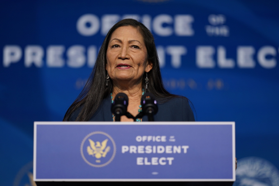 FILE - In this Dec. 20, 2020, file photo the Biden administration&#039;s nominee for Secretary of Interior, Rep. Deb Haaland, D-N.M., speaks at The Queen Theater in Wilmington Del. Haaland has stood with fellow tribal members in protesting an oil pipeline, advocating for protecting cultural landmarks and criticizing destruction of Native American sites near the U.S.-Mexico border. Native Americans have reason to believe the two-term U.S. congresswoman will push forward on long-simmering issues in Indian Country if she&#039;s confirmed as secretary of the Interior Department.