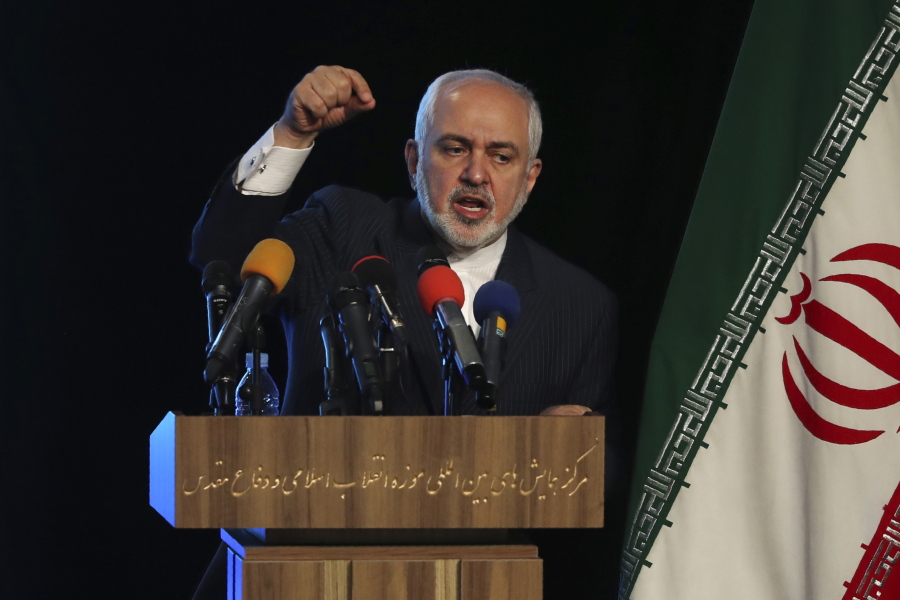 Iran&#039;s Foreign Minister Mohammad Javad Zarif addresses in a conference in Tehran, Iran, Tuesday, Feb. 23, 2021.  Following the conference Zarif told journalists the country has started implementing a law passed by the parliament to curb UN inspections into its nuclear program and would no longer share surveillance footage of its nuclear facilities with the U.N. agency.